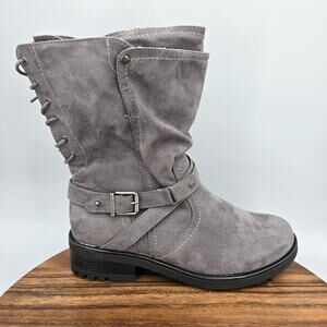 Torrid Boots Womens 10.5 Wide Gray Mid Calf Combat Moto Buckle Back Lace Up